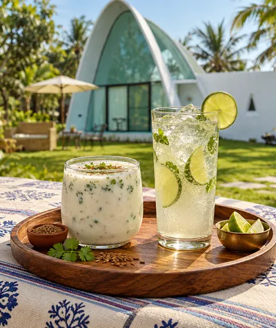 Masala chaas and fresh lime soda on a tray on the lawn Masala chaas and fresh lime soda on a tray on the lawn