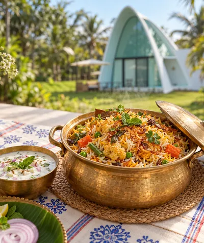 Vegetable biryani in a brass handi with raita Vegetable biryani in a brass handi with raita