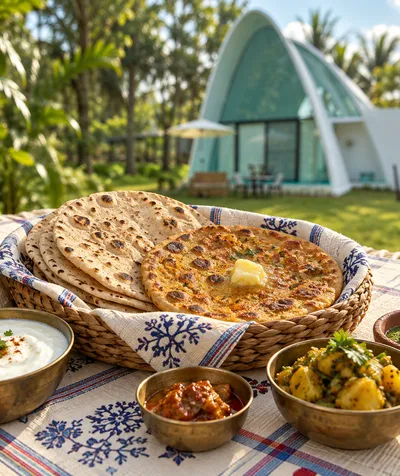 Chapatis and an aloo paratha with butter in a basket Chapatis and an aloo paratha with butter in a basket