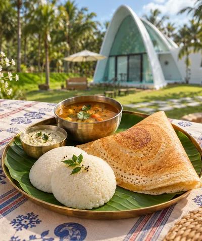 Idli, dosa, sambar and coconut chutney on a banana leaf, on the lawn at Shwaas