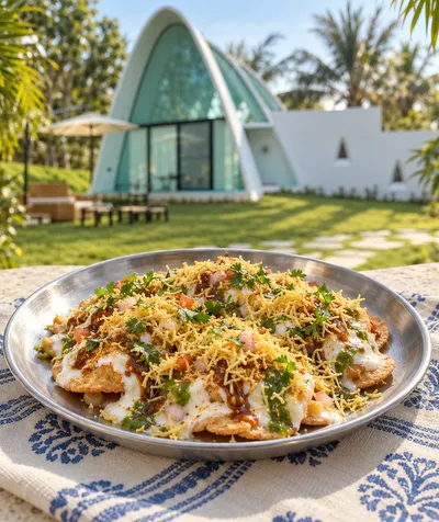 Papdi chaat with yoghurt, chutneys and sev Papdi chaat with yoghurt, chutneys and sev