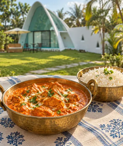 Butter chicken in a brass kadhai with rice Butter chicken in a brass kadhai with rice