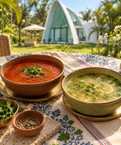 Tomato soup and lemon coriander soup on the lawn Tomato soup and lemon coriander soup on the lawn