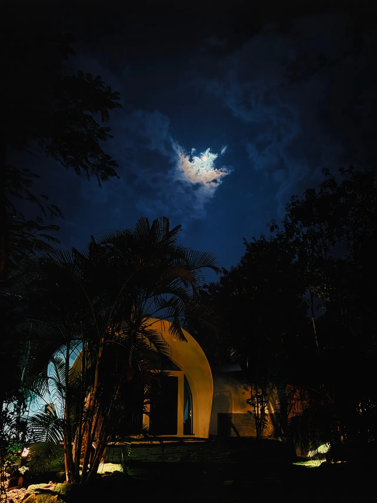 Moonlight breaking through clouds above a lit shell and palms