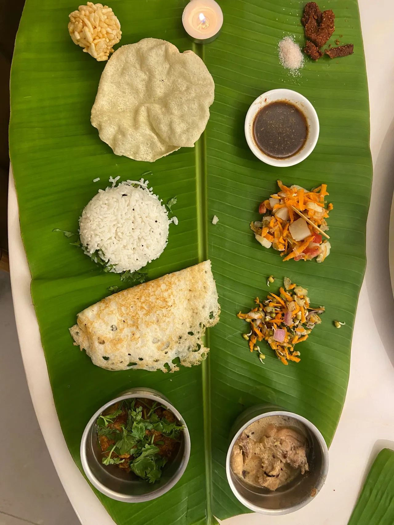 A South Indian meal served on a banana leaf